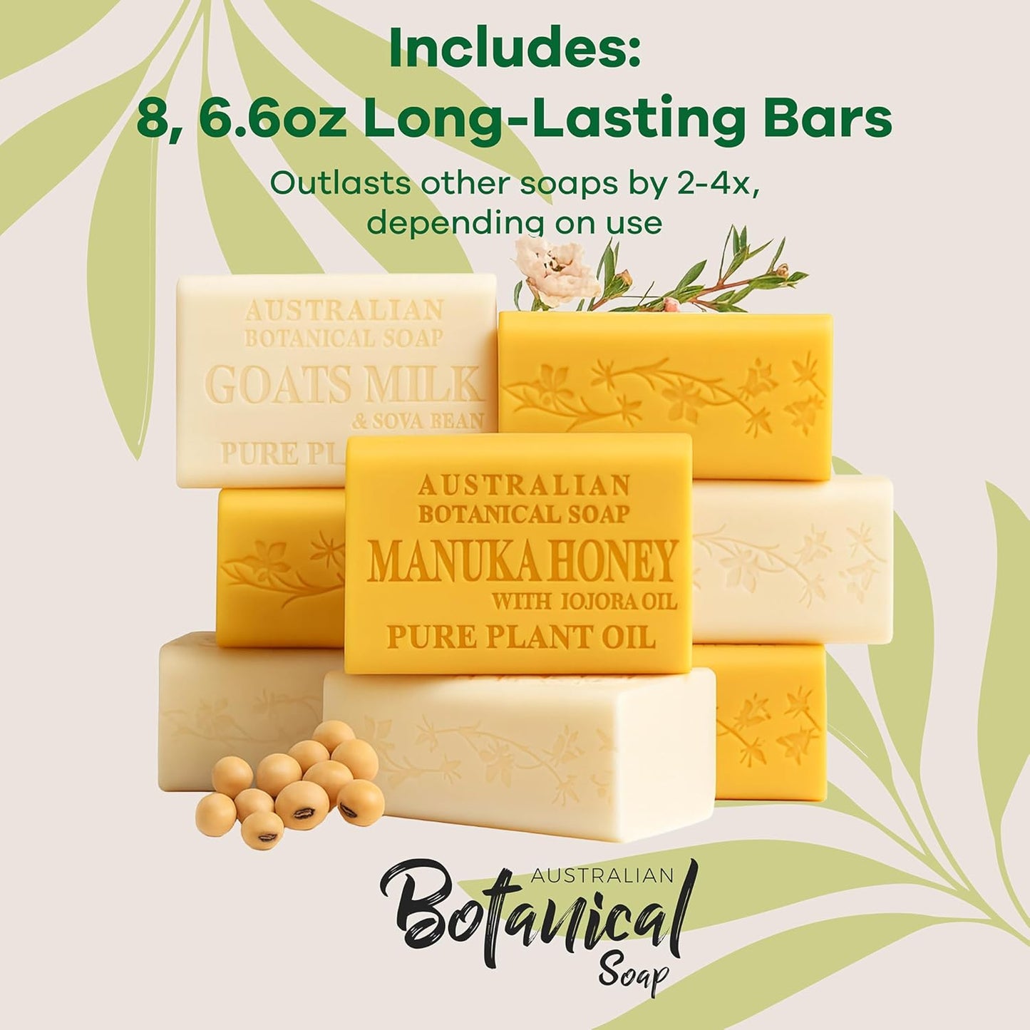Australian Botanical Goats Milk Soap and Manuka Honey 6.6 OZ, Triple Milled Bars made with a Natural Soap Base and Enriched with Organic Shea Butter, Pack of 8