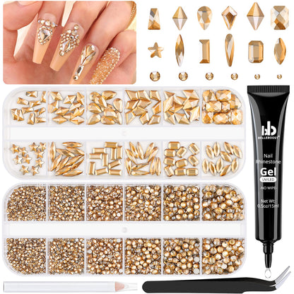 3220Pcs Champagne Gold Glass Nail Rhinestones 120Pcs Multi Shapes Flatback Nail Gems +3100Pcs 1.5-4mm Round Crystal with Rhinestones Glue Gel, Manicure Nail Charms Diamond Gemstone for Nail Art