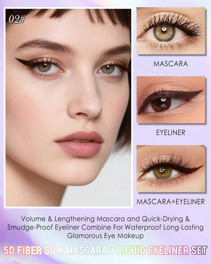 Brown Mascara Liquid Eyeliner Set, Update Longlasting Waterproof Color Eye Liner Pen, 5D Silk Fiber Colored Mascara Volume and Length, Halloween Party Stage Use Eye Makeup Gift Kit for Women Girl-02