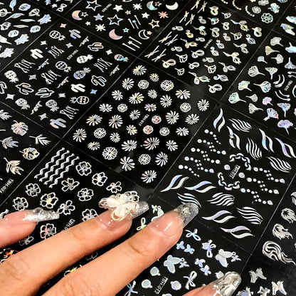 30 Sheets Aurora Flower Nail Art Stickers 3D Self Adhesive Flower Nail Stickers Aurora Moon Star Nail Decals Leaf Heart Nails Art Supplies Charms for Women Manicure Tips Decoration