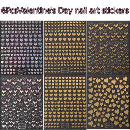 6 Sheets 3D Metallic Heart Nail Art Stickers Self-Adhesive Valentine's Day Nail Stickers Gold Silver Design Heart Charms for Acrylic Nails Tips Love Nail Decals for Women Valentines Nails Decoration