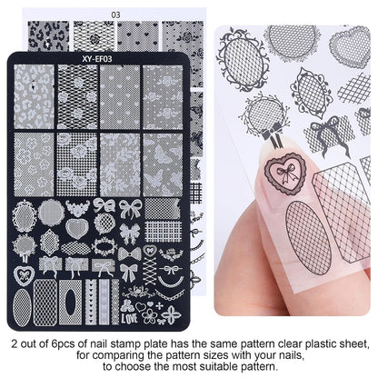 6pcs Lace Flower Design Nail Stamping Plate Kit With French Tip Nail Stamper Kit Ribbon Bow Knot Nail Stencil Reusable Stainless Steel Manicure Tool Nail Supplies for Salon DIY