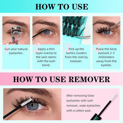 Lash Clusters Kit 200PCS 50D Eyelash Extension Kit D Curl Wispy Eyelash Clusters DIY Natural Individual Lashes Kits Lashes Extensions Kit with Lash Bond and Remover Eyelash Tweezer at Home