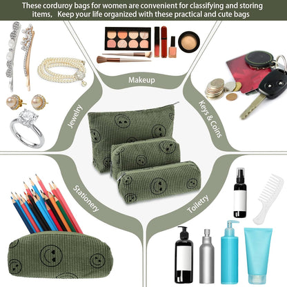 3 Pcs Makeup Bag Set for Women Corduroy Cosmetic Pouch Aesthetic Smile Travel Toiletry Bag Cute Purse Pouch Pencil Case Makeup Brushes Storage Organizer for Christmas(Army Green,Smile Face)