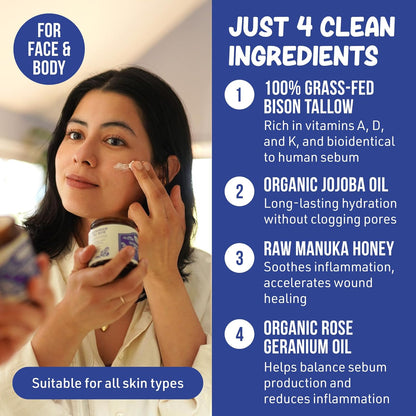 Whipped Bison Tallow Balm w/Manuka Honey, Jojoba, Rose Geranium Oil - Grass-Fed & Finished Organic Tallow Face Moisturizer - Face & Body Cream for Acne-Prone Skin - Nourishing Skincare (2.5oz)