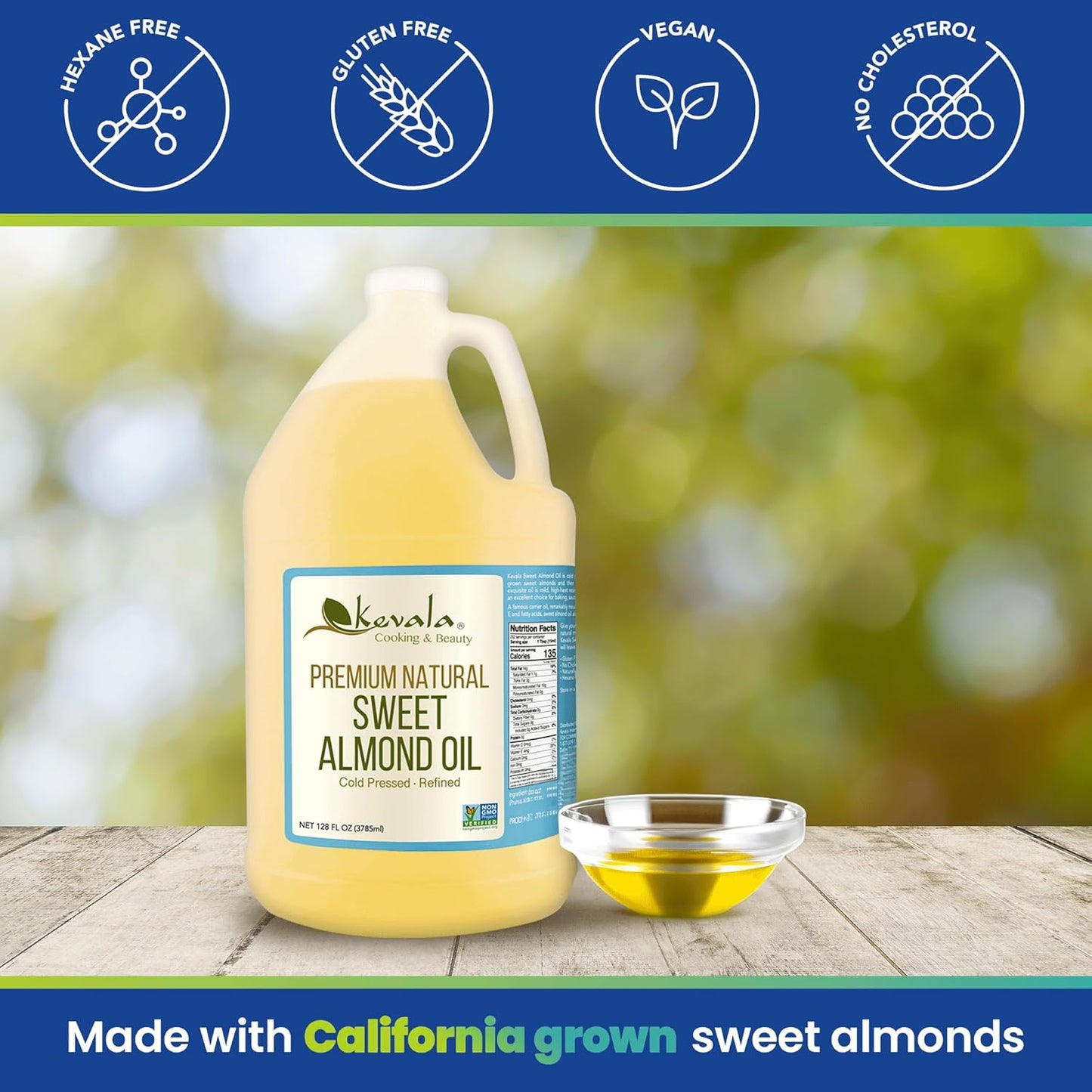 Kevala - Sweet Almond Oil Natural - Almond Oil for Skin and Cooking - Cold Pressed Oil - Premium Natural Oil - 1 Gal - 128 fl oz