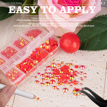 7000PCS Resin Rhinestones with Tweezers for Crafting, 2/3/4/5/6mm Flatback Jelly Rhinestones, 4 Box Red AB Non Hotfix Crystal Gems for DIY Crafts Mugs Tumblers Clothes Makeup Nail