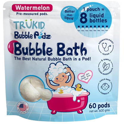 TruKid Bubble Podz Bubble Bath for Kids, Toddlers, & Babies, Tear Free Gentle & Refreshing Bath Bomb for Sensitive Skin with Natural Moisturizers, Non-Toxic, pH Balanced, Watermelon Scent (60 Podz)