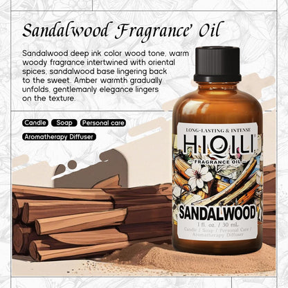 HIQILI Sandalwood Fragrance Oil for Home Diffuser, Luxury Hotel Scent, Perfect for DIY Candle & Soap Making, Add to Body Lotion - 1 Fl Oz