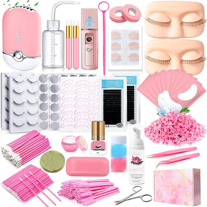 Lash Extension Kit for Beginners Lash Mannequin Head with Replaced Eyelids False Eyelashes Practice Eyelash Strips Facial Mister Tweezers Glue USB Fan Professional Set
