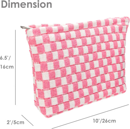 Knitted Checkered Makeup Bag Large Zipper Make Up Accessory Pouch for Purse Cosmetic Brush Bag for Travel Essential Pink White