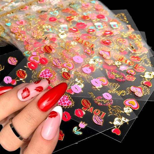 30 Sheets Valentine's Day Nail Art Stickers Red Heart Nail Decals 3D Self-Adhesive Rose Lip Kiss Nail Supplies DIY Acrylic Nails Decoration Accessories for Women and Girls