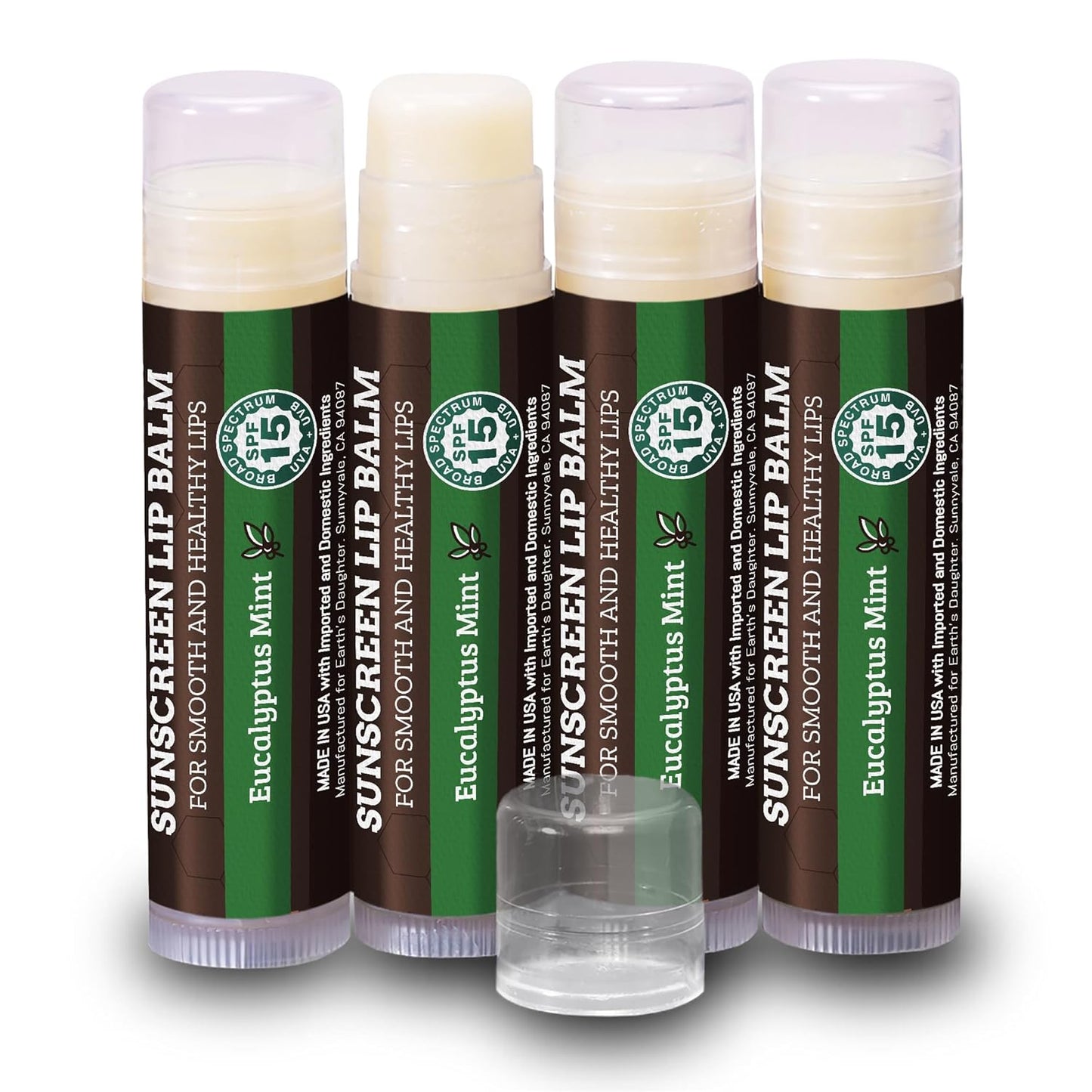 Earth's Daughter SPF Lip Balm Eucalyptus Mint 4-Pack - Lip Sunscreen, SPF 15, Organic Ingredients, Beeswax, Coconut Oil, Vitamin E - Hypoallergenic, Gluten Free