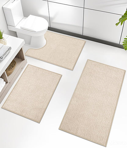 chakme Bathroom Rug Sets 3 Piece, Ultra Thin Bath Mat Quick Dry Bath Mat, Absorbent Bath Mats for Bathroom Non Slip Machine Washable, (Light Beige)