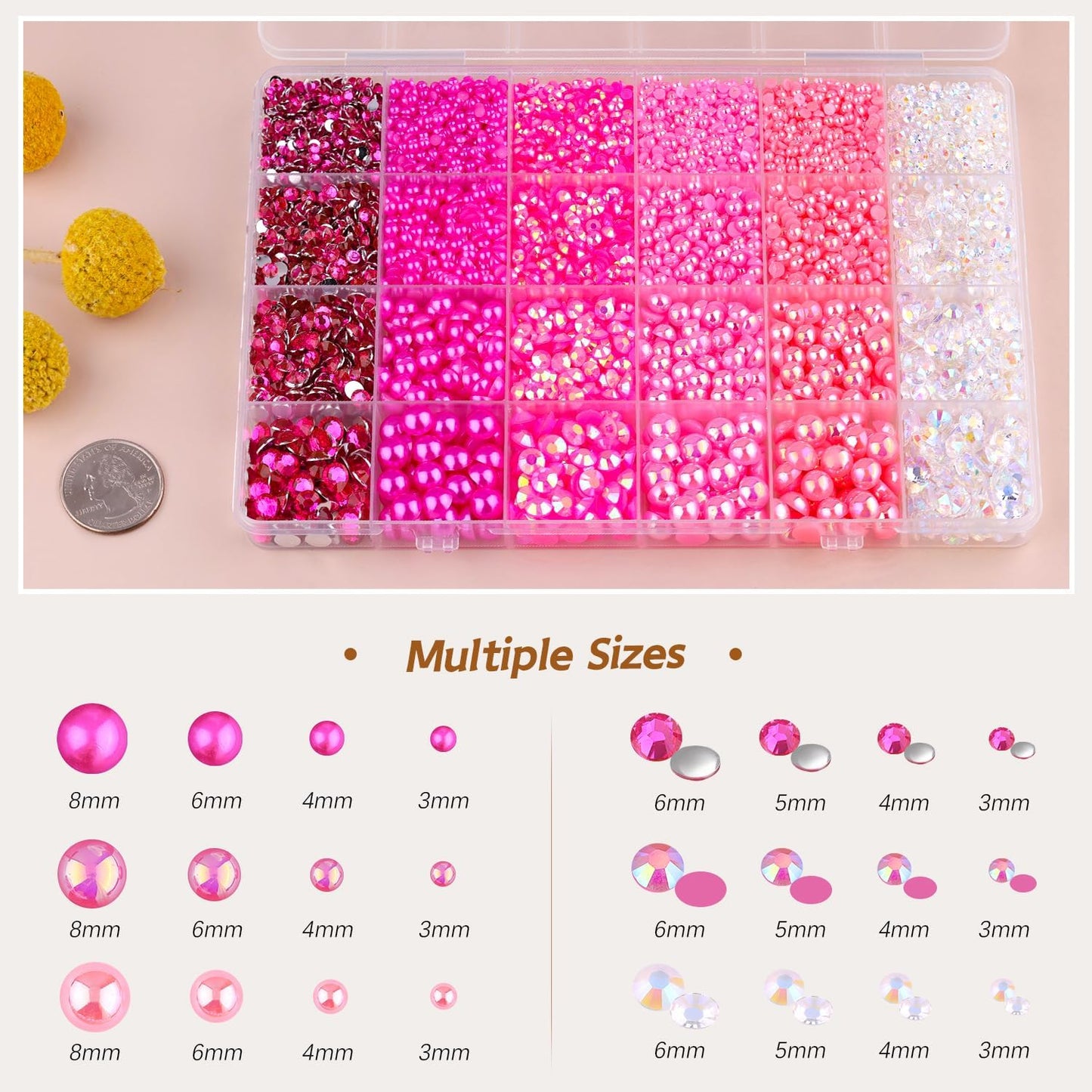 9000PCS Flatback Pearls and Rhinestones for Crafting, Dark Pink 3-10mm Resin Rhinestones and Half Pearls for Bedazzling, Nail Art and Dec with 3pcs B7000 Jewelry Glue, Tweezer and Pickup Pencil
