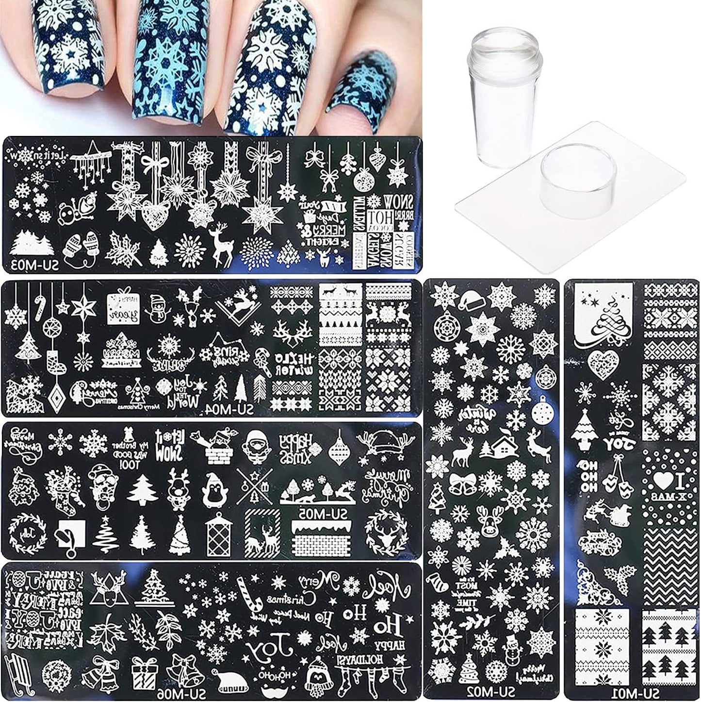 6Pcs Christmas Nail Stamp Template Kit 1 Silicone Stamper 1 Scraper Winter Snowflakes Nail Art Stamping Plates Xmas Snow Deer Bells Pine Tree Nail Stamping Image Stamp for Women Nail Art Supplies