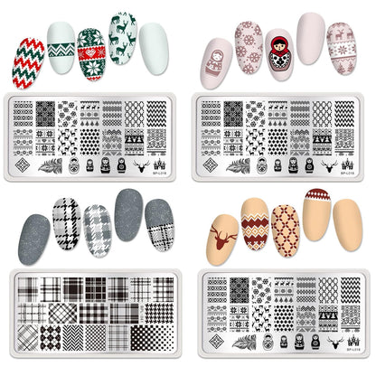 Born Pretty Nail Stamping Plates Set Plaid Flowers Leaves Lace Nail Art Image Plates Spring into Winter Stamp Templates Kit Image Manicuring DIY Printing Tools 8PCS