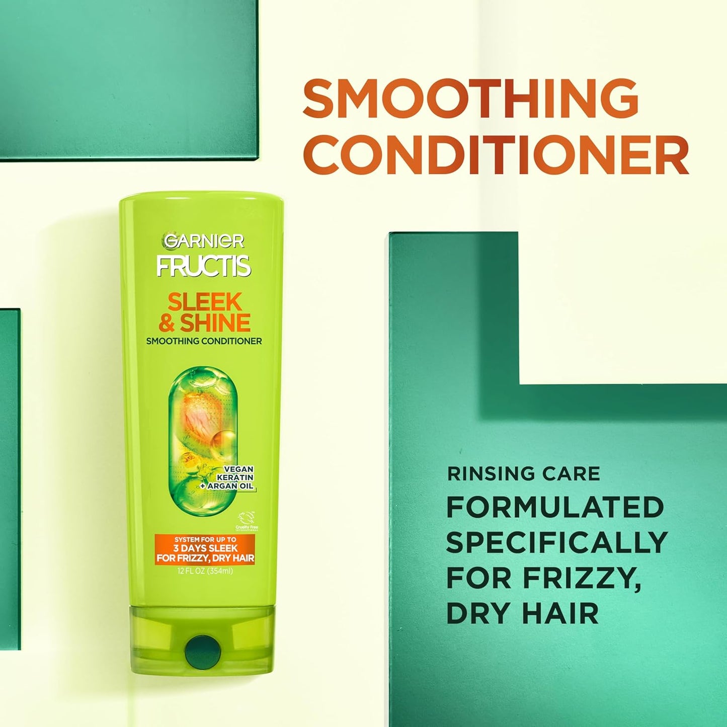 Garnier Fructis Sleek & Shine Shampoo, Conditioner + Leave-In Conditioner Set for Frizzy, Dry Hair, Plant Keratin + Argan Oil (3 Items), 1 Kit (Packaging May Vary)