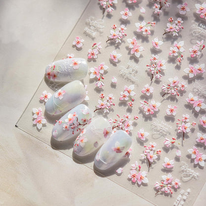 Cherry Blossoms Nail Art Stickers Pink White Flowers Nail Decals for Acrylic Nails 5D Embossed Self-Adhesive Flower Designs Nail Sticker Spring Summer Cute Floral Nail Decal for Women DIY Nail Decor