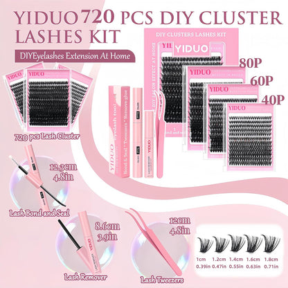 3 Styles Lashes Cluster Kit 720Pcs Eyelash Extensions Kit 40P+60P+80P Bulk Pack D Curl Volume False Eyelashes DIY Individual Wispy Fake Eye Lashes Combo Packs with Bond&Seal |Tweezers | Removers