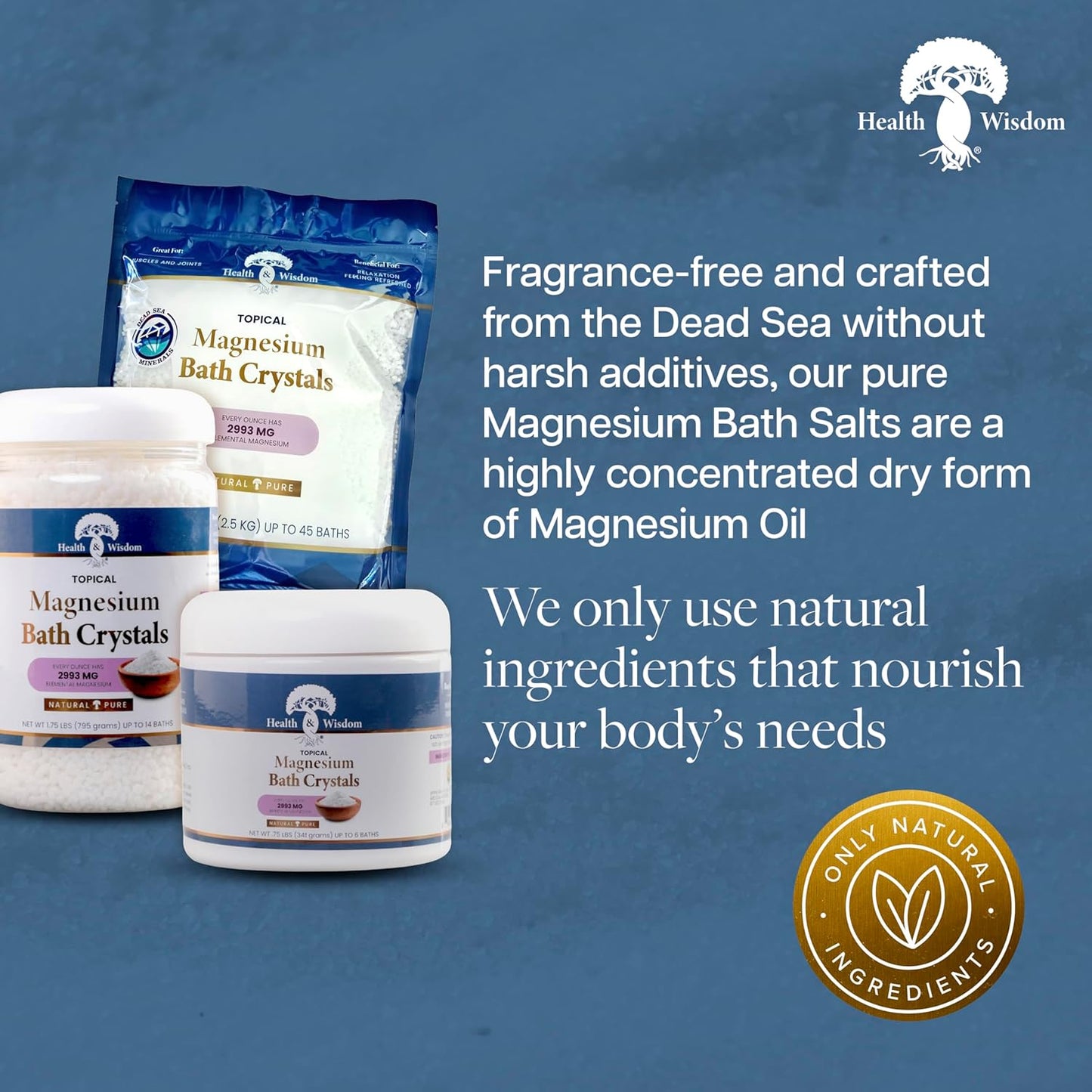 Health and Wisdom Magnesium Bath Crystals - Bath Salts with High Concentration & Enhanced Absorption for Muscle & Joint Relief - Dead Sea Sourced - Unscented - 14 lbs - Up to 113 Uses