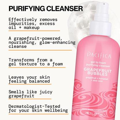 Pacifica Grapefruit Bubbles Gel-to-Foam Cleanser - Gentle Face Wash for Oily & Combination Skin, Helps Remove Excess Oil & Impurities, Helps Brighten, Vegan & Cruelty-Free Formula Dermatologist Tested