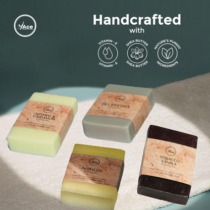 MY ACE Handmade Soap Set – 4 Bathing Bars: Nutmeg & Cardamom, Tobacco Vanilla, Blueberry & Nargis – SLES & Paraben-Free, Coconut Oil, Shea Butter & Vitamin E – Gentle & Moisturizing, 3.5 oz Each