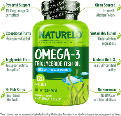 NATURELO Burpless Omega 3 Fish Oil Supplement - 1100mg Triglyceride Omega-3, EPA + DHA, Liquid Fish Oil for Heart, Eye, Brain, Joint Health - 120 Softgels, 4 Months Supply