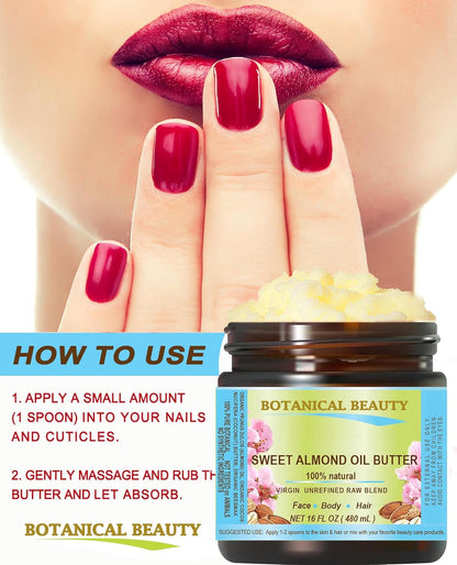 Botanical Beauty SWEET ALMOND OIL BUTTER Pure Natural Virgin Unrefined RAW for FACE, SKIN, BODY, DAMAGED HAIR, NAILS. (4 Fl Oz)