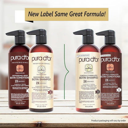 PURA D'OR Clinically Formulated Biotin Shampoo & Conditioner For Hair Thinning - 2X Concentrated Proprietary Herbal Blend Thickening Products For Women & Men, Sulfate Free, 16oz x2