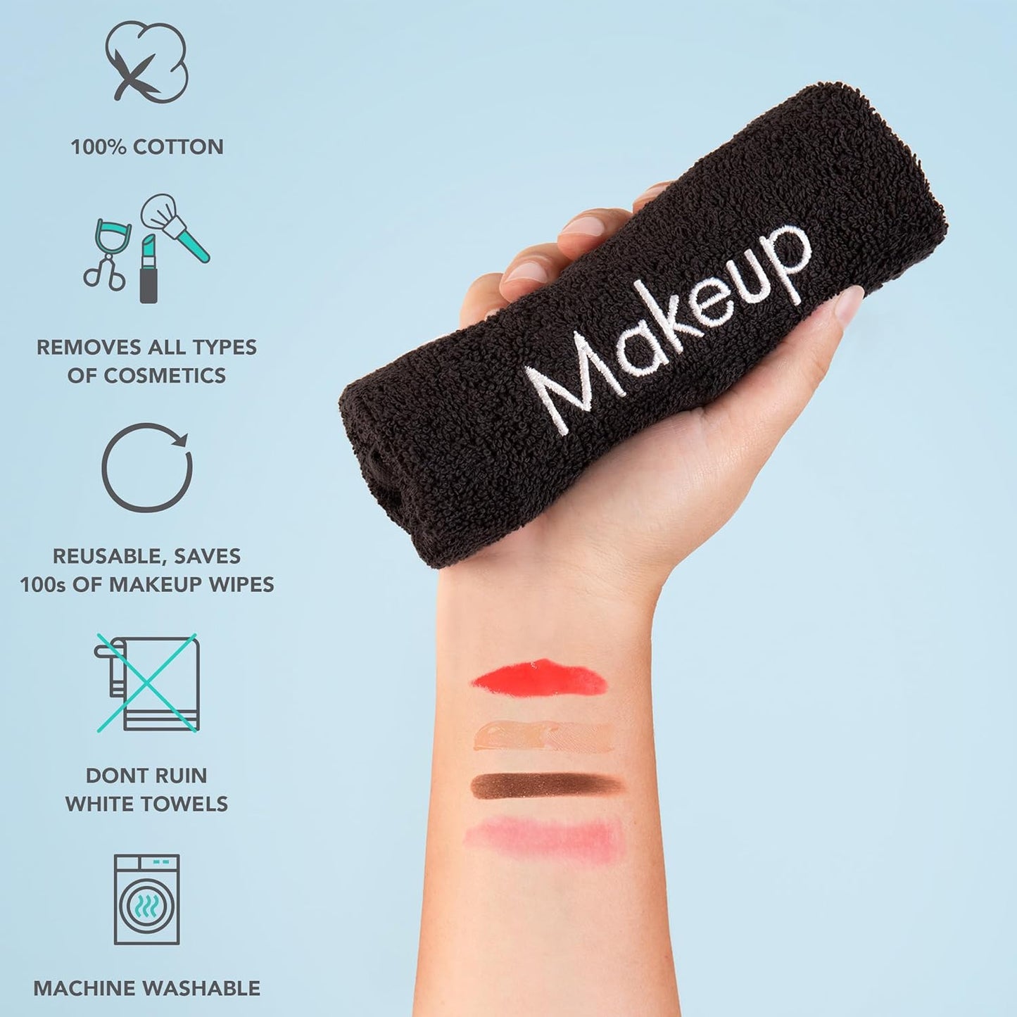 Arkwright Makeup Towels - Pack of 6 - Soft & Gentle Cotton Washcloth Face Make Up Remover, Reusuable Eraser Cloth Essentials for Hosts & Artists, 13 x 13 in, Black