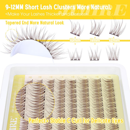 JIMIRE Brown Self-Adhesive Eyelashes - Press on Lash Clusters, Natural Look, Pre-Glued, Wispy 10-12MM Individual Lashes, Clear Band, Reusable Cluster Eyelash Extension