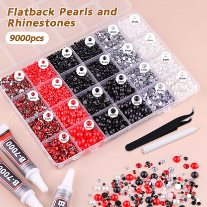 9000PCS Flatback Pearls and Rhinestones for Crafting, Red White Black 3-10mm Resin Rhinestones and Half Pearls for Bedazzling, Nail Art and Dec with 3pcs B7000 Jewelry Glue, Tweezer and Pickup Pencil