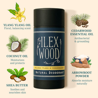 The Ilex Wood - Ylang Ylang & Cedarwood Natural Deodorant - 2.4 fl oz. Natural Deo in Recyclable Cardboard Tube, Vegan, no Plastic, no Alcohol, no Toxins, no Aluminium Salt & Cruelty Free for Women & Men