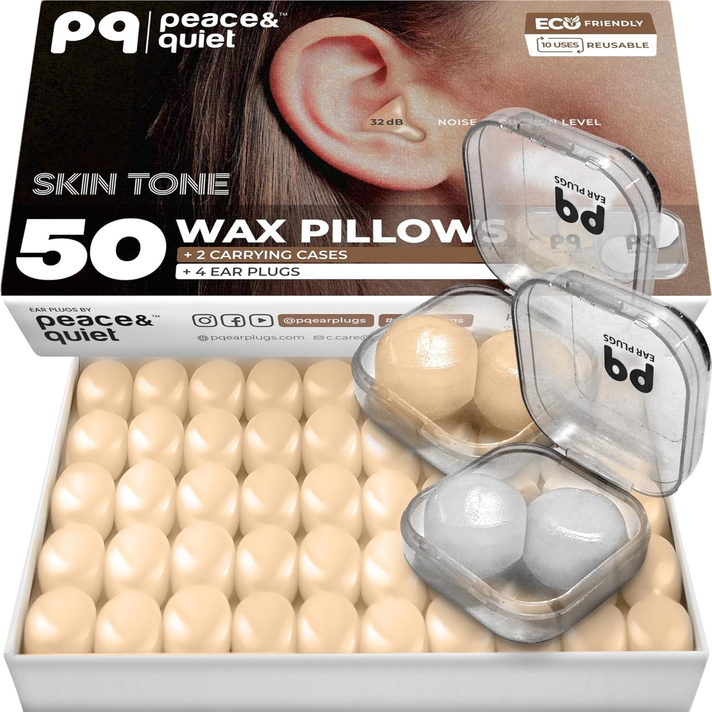 Peace&Quiet Wax Ear Plugs for Sleeping, Swimming - 50 Noise Cancelling Silicone Gel Wax Earplugs for Sleep and Swimmers, Sound Blocking 32Db, (50-Pillows), Color: Skin Tone