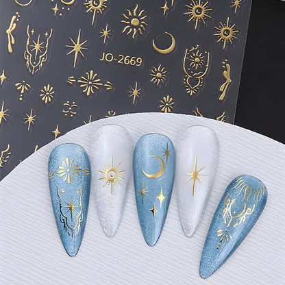 12 Sheets Silver Gold Moon Star Nail Art Stickers - 3D Self Adhesive Decals for Design and Decoration - Supplies Accessories for Women