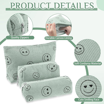 3 Pcs Makeup Bag Set for Women Corduroy Cosmetic Pouch Aesthetic Smile Travel Toiletry Bag Cute Purse Pouch Pencil Case Makeup Brushes Storage Organizer for Christmas(Green,Smile Face)
