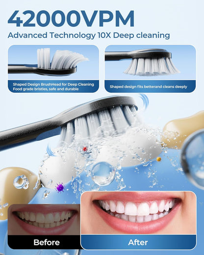 Black Electric Toothbrushes, with 8 Brush Heads, 1 Travel Toothbrush Case, for Adults and Kid Electric Toothbrush, Long 180-Day Battery Life, 6 Modes, IPX7 Waterproof, Smart 2-Minute Timer.