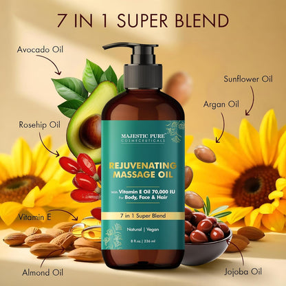 MAJESTIC PURE Vitamin E 70k Blend Massage Oil for Massage Therapy - Refreshing, and Relaxing - Natural Oils with Sweet Almond, Jojoba, Argan & Avocado - for All Skin Types - Men and Women - 8 fl oz