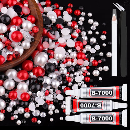 80g Flatback Pearls and Rhinestones for Crafting, Red White Black 3-10mm Resin Rhinestones and Half Pearls for Bedazzling, Nail Art and Dec with 3pcs 10ml B7000 Jewelry Glue, Tweezer and Pickup Pencil