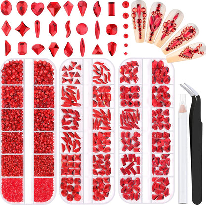 2750Pcs Red Glass Nail Rhinestones 240Pcs Multi Shapes Flatback Nail Gems + 2510Pcs 1.5-4mm Round Crystal, Manicure Nail Charms Diamond Gemstones for Acrylic Nails Decoration