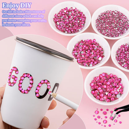 25000Pcs Resin Rhinestones with Tweezers for Crafting, Hot Pink 2-6mm Mixed Sizes Non Hotfix Flatback Gems, Bedazzling Crystal for DIY Craft Clothing Mugs Tumblers Shoes Fabric Decor Nail Art