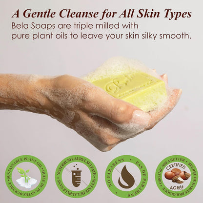 BELA Lemon Myrtle and Lemongrass Soap 3.3 OZ Pack of 12, Long Lasting French Triple Milled Bar Soap with Organic Shea Butter Hand, Face and Body Wash Bar, Made in Australia