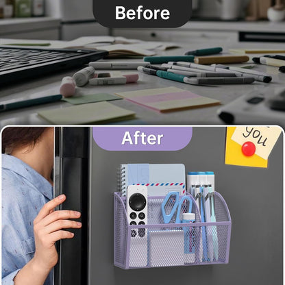 YINGHUA Strong Magnetic Pen Holder for Whiteboard and Refrigerator 3 Compartments Metal Mesh Organizer Space Saving Shelf for Office School Home and Locker - Purple