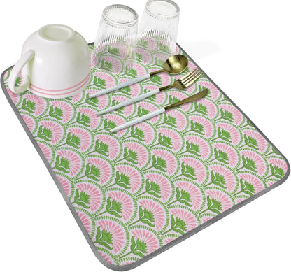 SHIYUE Dish Drying Mat for Kitchen Counter Super Absorbent Spring Kitchen Decor Microfiber Drying Matainers Rack Fast Pad Dish Drainer Mats(Bohe Flower,16''x18'')