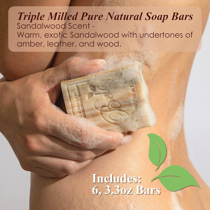 BELA Sandalwood Soap 3.3 OZ, Pack of 6 French Triple Milled Bar Soap with Organic Shea Butter, Hand, Face and Body Wash Bar, Made in Australia