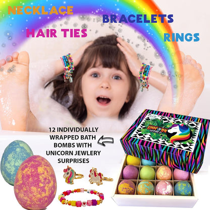 Mineral Me California Unicorn Bath Bombs for Girls with Jewelry Inside - Organic Bath Bombs for Kids with Surprise, Natural, Skin Moisturizing BathBombs, Rainbow Bubble Bath. Birthday Gifts - 12 pk