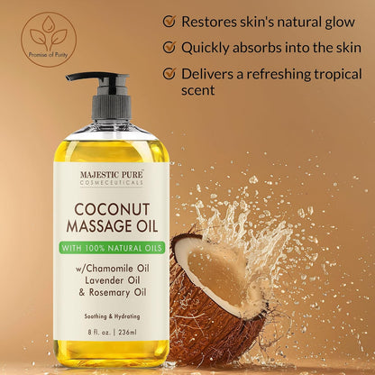 MAJESTIC PURE Coconut Massage Oil for Massage Therapy - Refreshing, and Relaxing - Natural Oils - for All Skin Types - Men and Women - 8 fl oz