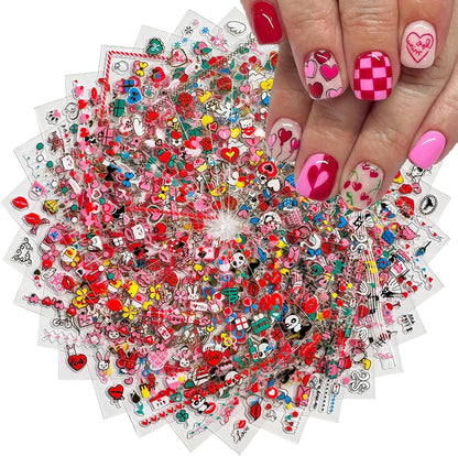 30 Sheets Heart Valentine Nail Art Stickers Decals 3D Self-Adhesive Pegatinas Uñas Red Heart Nail Decals Red Lips Rose Nail Supplies for DIY Acrylic Nail Art Decoration for Women and Girls