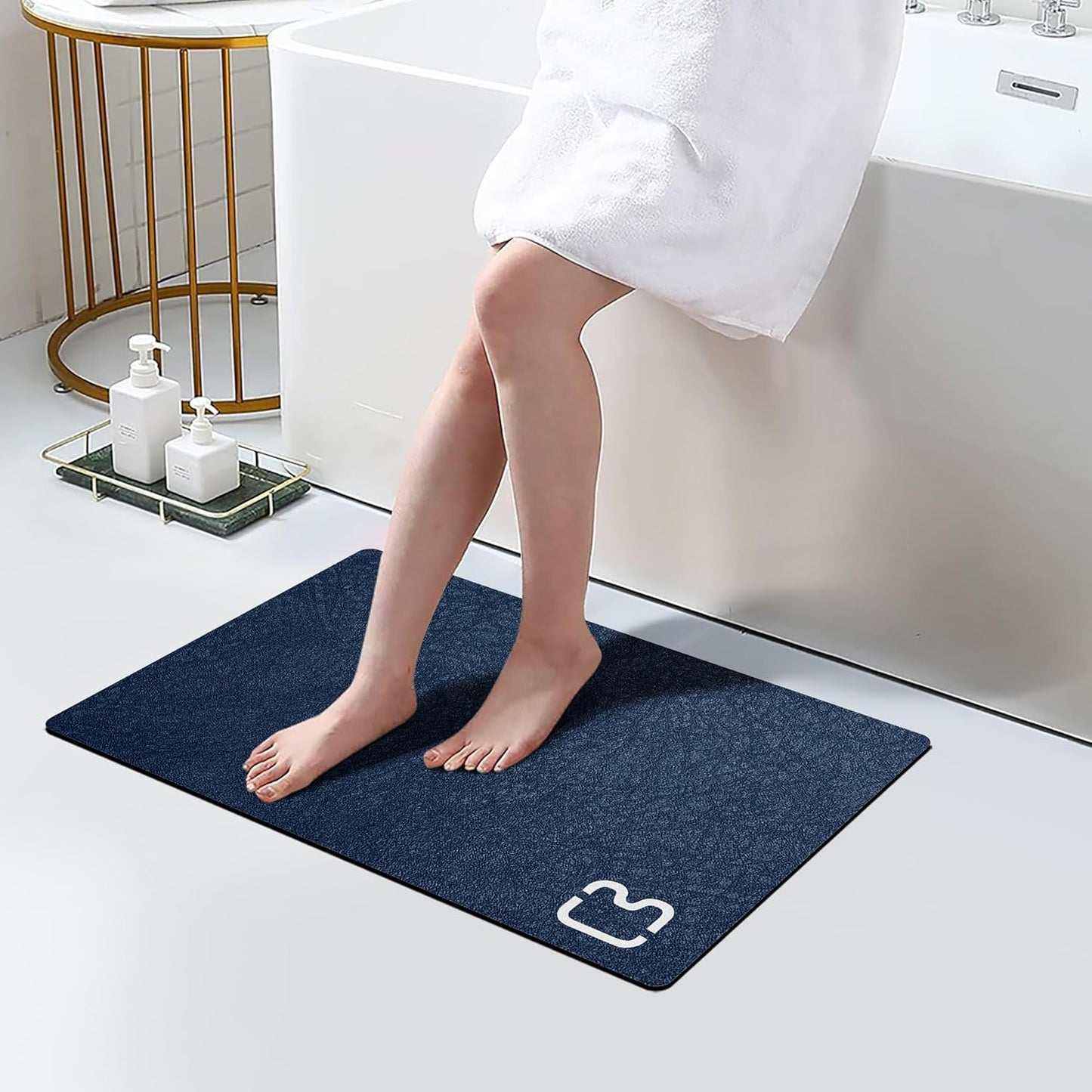 Diatomaceous Earth Bath Mat Rugs 23.6 x 15.7 inch, Quick Dry Super Absorbent Non Slip Rubber BottomThin Bathroom Mat Fit Under Door, Floor Rugs in Front of Bathtub,Shower Room,Sink, Navy